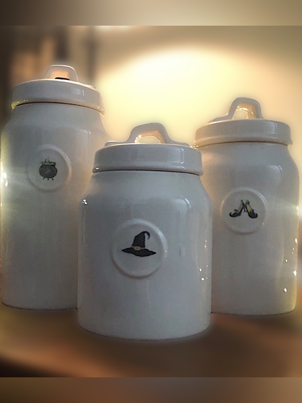 Rae Dunn Icon Halloween Witch Hat Cauldron Witch Shoes Canister Set/3 VHTF Rare